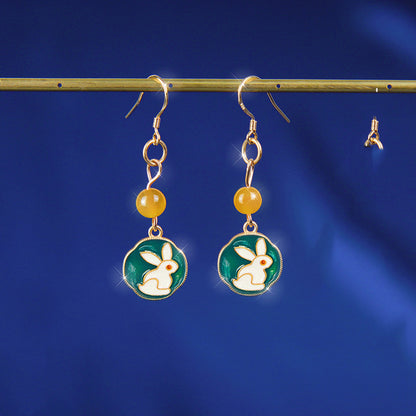 Enamel Bunny Earrings Female Sterling Silver Retro Temperament Jade Rabbit Earrings Crystal Pearls-Jewearrings