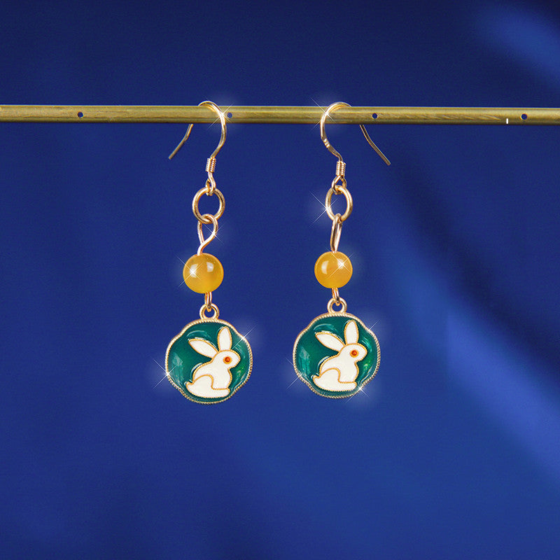 Enamel Bunny Earrings Female Sterling Silver Retro Temperament Jade Rabbit Earrings Crystal Pearls-Jewearrings