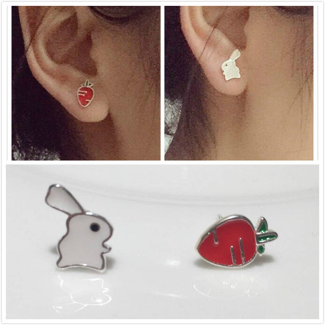 S925 Sterling Silver Rabbit Radish Personality Simple Student Asymmetric Earrings-Jewearrings