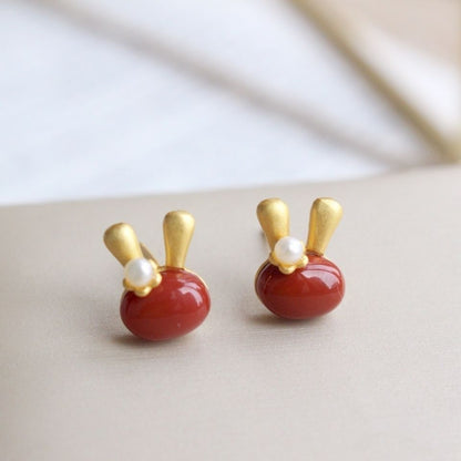 South Red Agate Rabbit Earrings Red Earrings 925 Sterling Silver-Jewearrings