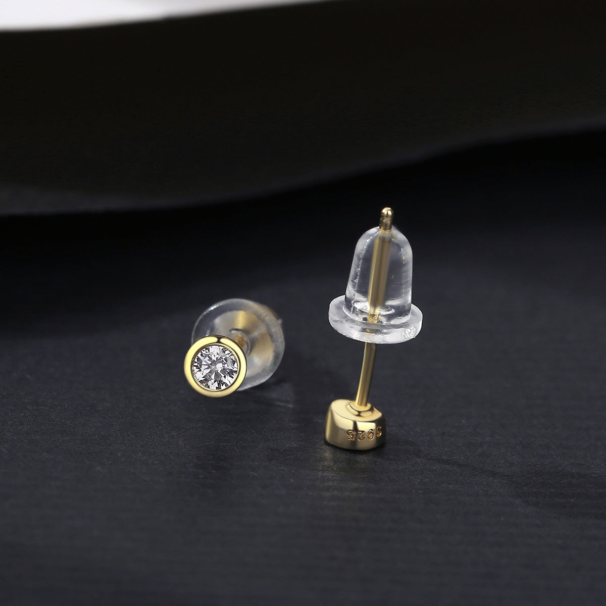 Round Sterling Silver Stud Earrings With 14K Gold Zircon-Jewearrings