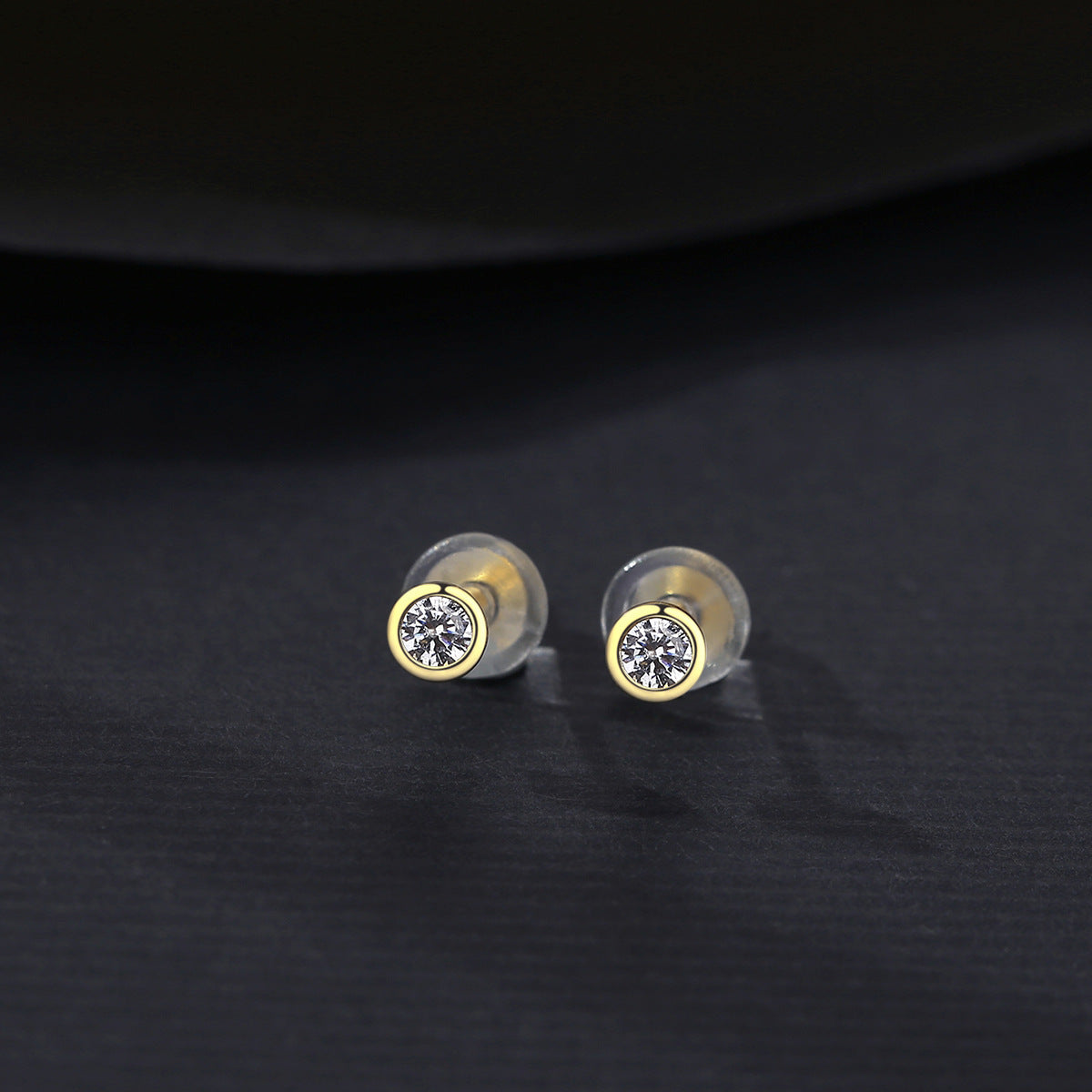 Round Sterling Silver Stud Earrings With 14K Gold Zircon-Jewearrings