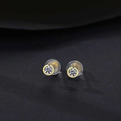 Round Sterling Silver Stud Earrings With 14K Gold Zircon-Jewearrings