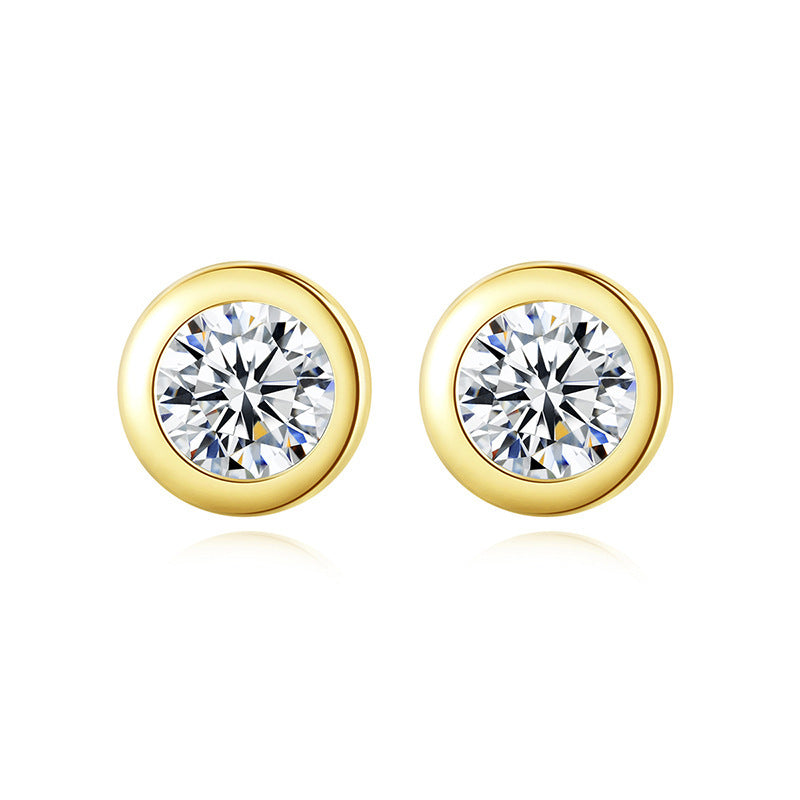 Round Sterling Silver Stud Earrings With 14K Gold Zircon-Jewearrings