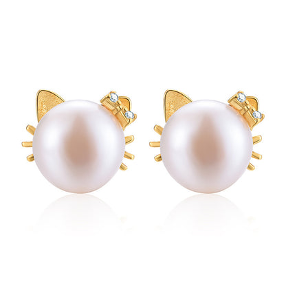 Sterling Silver S925 Pearl Cat Earrings-Jewearrings