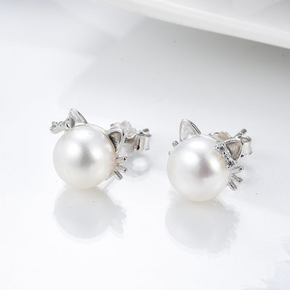 Sterling Silver S925 Pearl Cat Earrings-Jewearrings