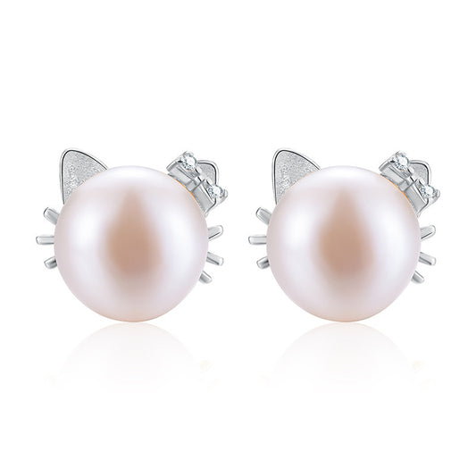 Sterling Silver S925 Pearl Cat Earrings-Jewearrings