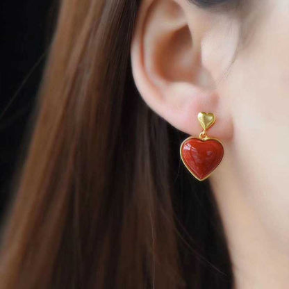 South Red Agate Heart Stud Earrings 925 Inlaid Thick Gold-Jewearrings