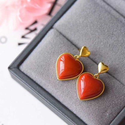 South Red Agate Heart Stud Earrings 925 Inlaid Thick Gold-Jewearrings