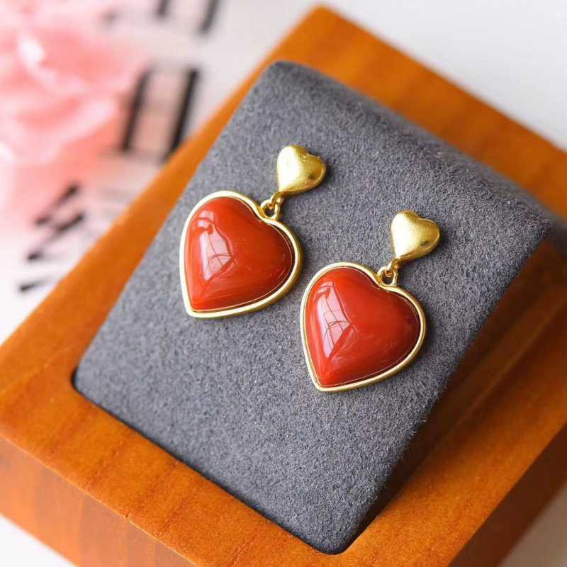 South Red Agate Heart Stud Earrings 925 Inlaid Thick Gold-Jewearrings