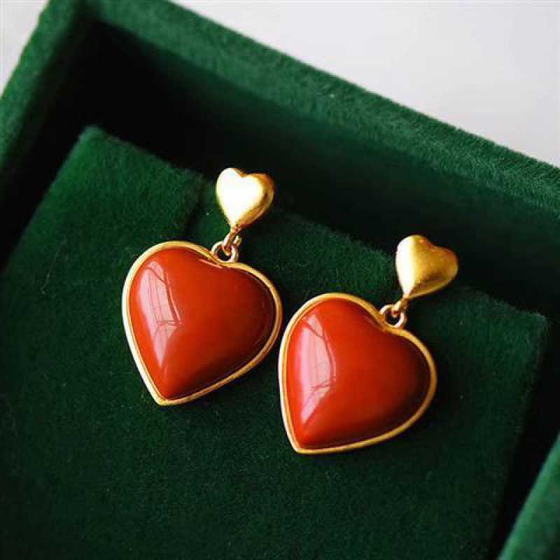 South Red Agate Heart Stud Earrings 925 Inlaid Thick Gold-Jewearrings