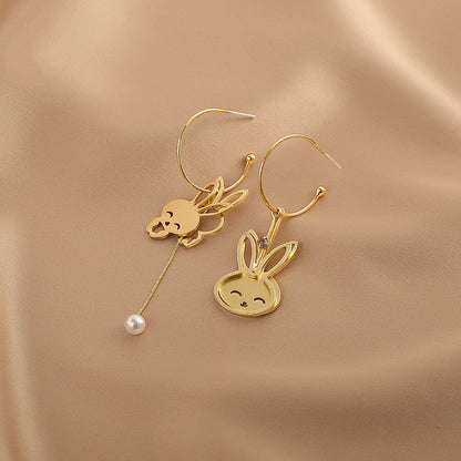 Pearl Earrings Fashion Sweet Girl Heart Asymmetrical Bunny Earrings-Jewearrings