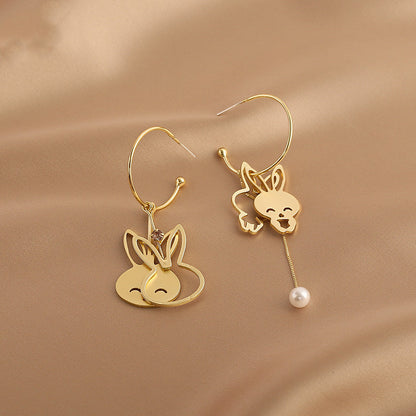 Pearl Earrings Fashion Sweet Girl Heart Asymmetrical Bunny Earrings-Jewearrings