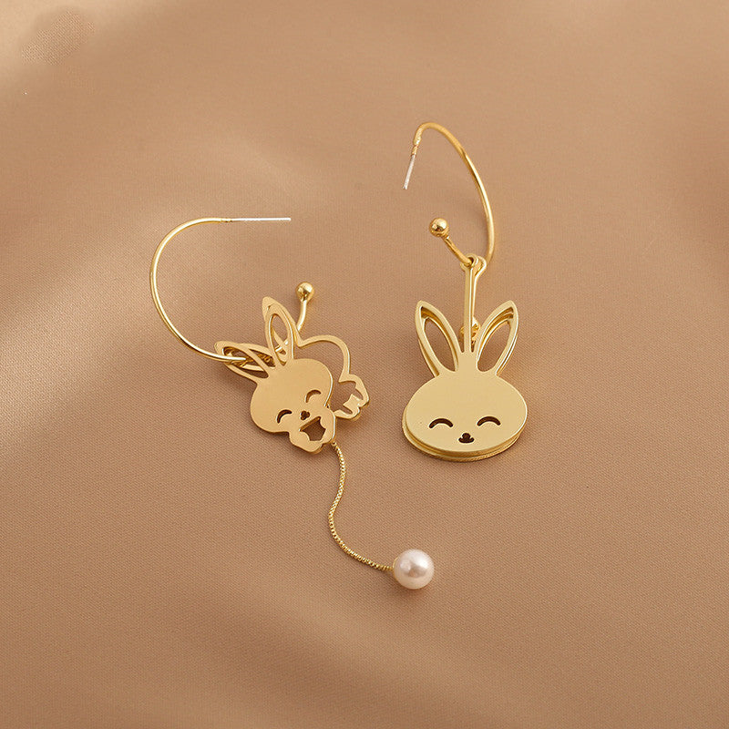 Pearl Earrings Fashion Sweet Girl Heart Asymmetrical Bunny Earrings-Jewearrings