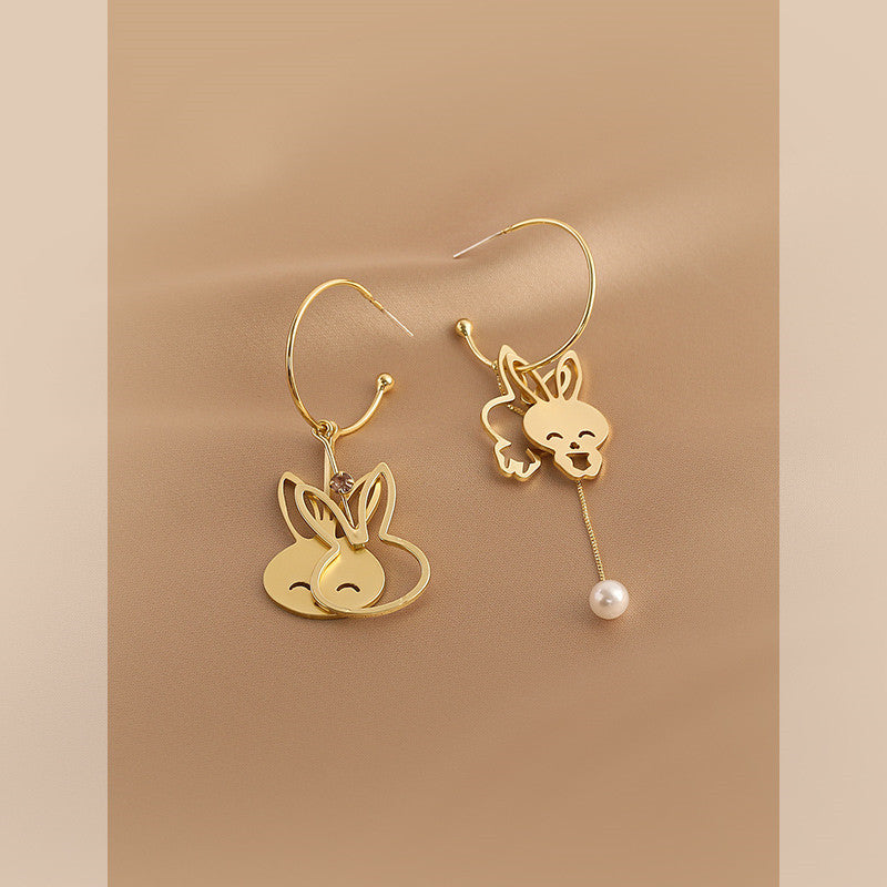 Pearl Earrings Fashion Sweet Girl Heart Asymmetrical Bunny Earrings-Jewearrings