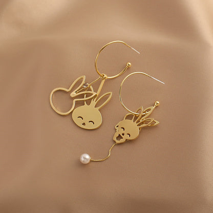 Pearl Earrings Fashion Sweet Girl Heart Asymmetrical Bunny Earrings-Jewearrings