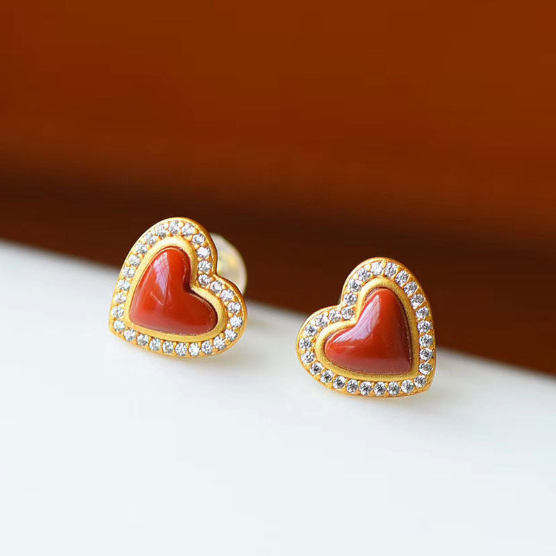 Natural South Red Agate Love Stud Earrings S925 Sterling Silver-Jewearrings