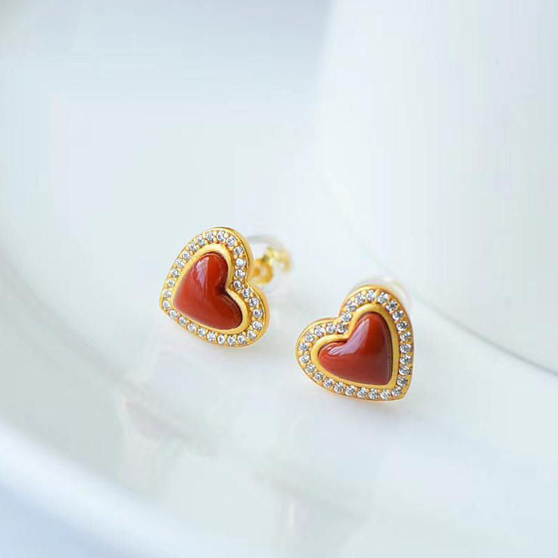 Natural South Red Agate Love Stud Earrings S925 Sterling Silver-Jewearrings