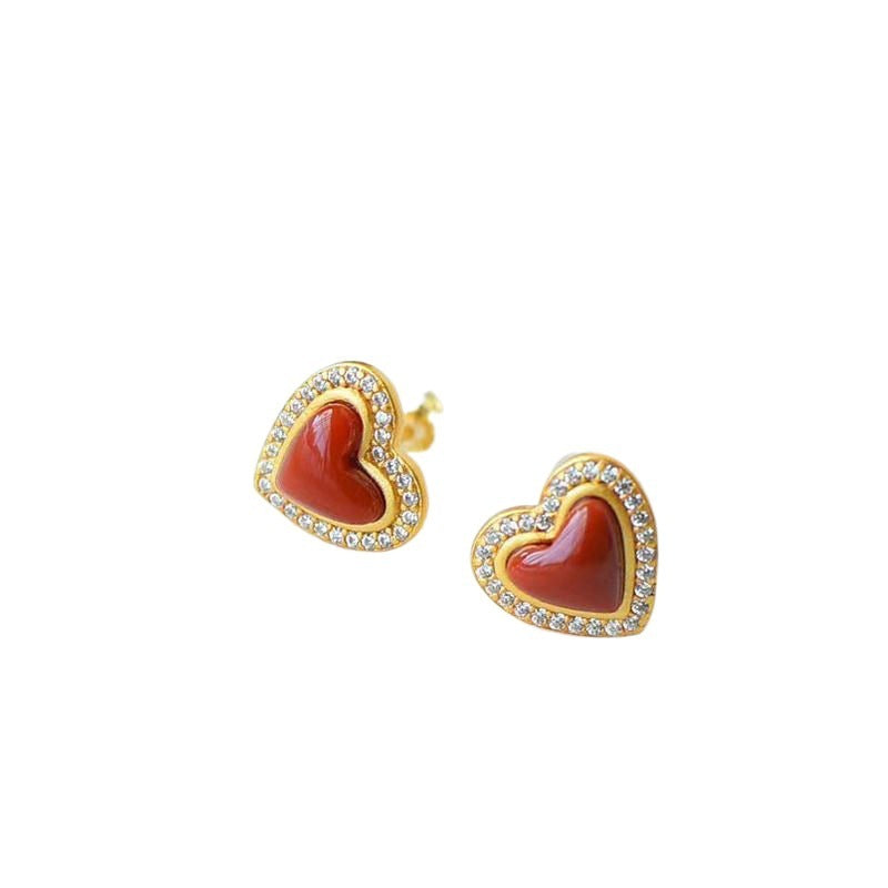 Natural South Red Agate Love Stud Earrings S925 Sterling Silver-Jewearrings