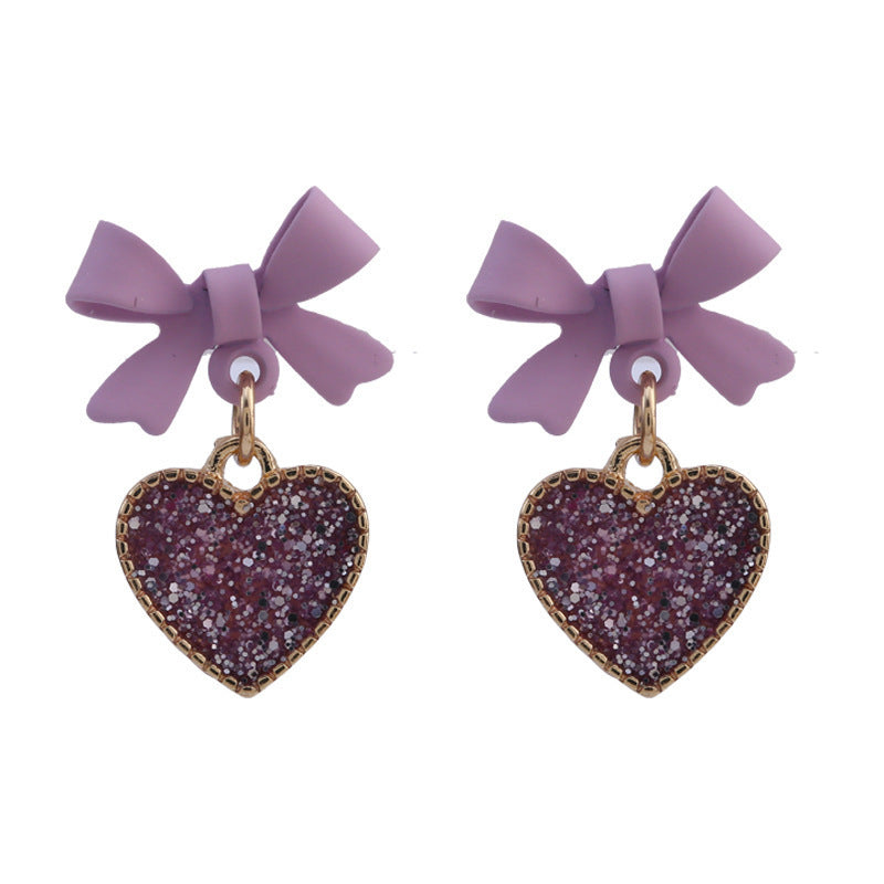 New Korean Style Purple Bow Sequin Love Heart Clip On Earrings Sweet-Jewearrings