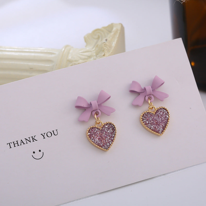 New Korean Style Purple Bow Sequin Love Heart Clip On Earrings Sweet-Jewearrings