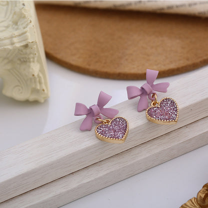 New Korean Style Purple Bow Sequin Love Heart Clip On Earrings Sweet-Jewearrings