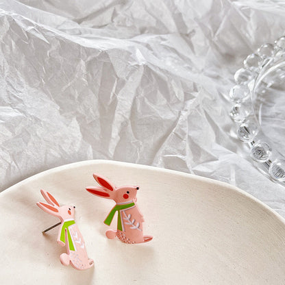 Bunny Bowknot Earrings Baked Lacquer Peach Flower Silver Needle Stud Earrings-Jewearrings