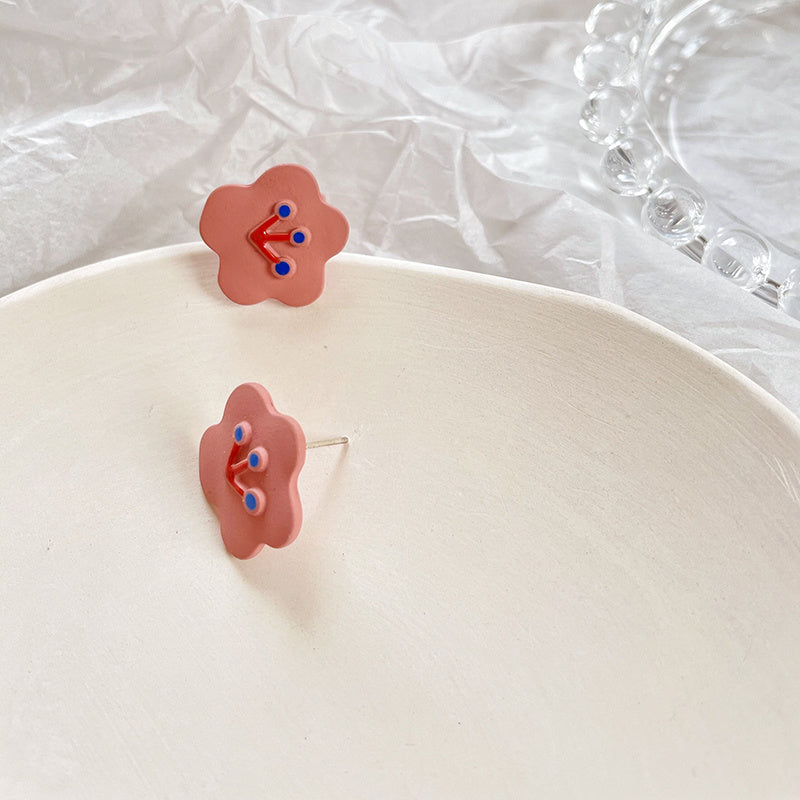 Bunny Bowknot Earrings Baked Lacquer Peach Flower Silver Needle Stud Earrings-Jewearrings