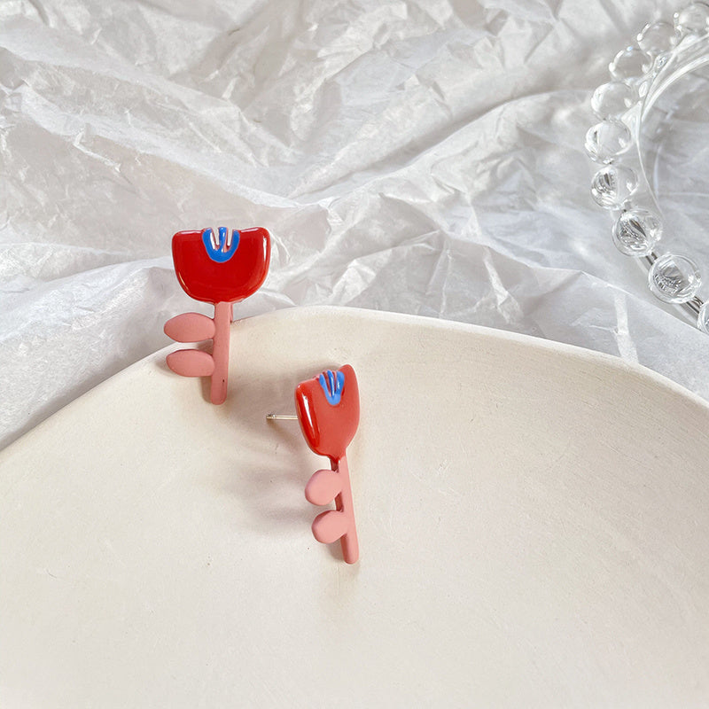 Bunny Bowknot Earrings Baked Lacquer Peach Flower Silver Needle Stud Earrings-Jewearrings