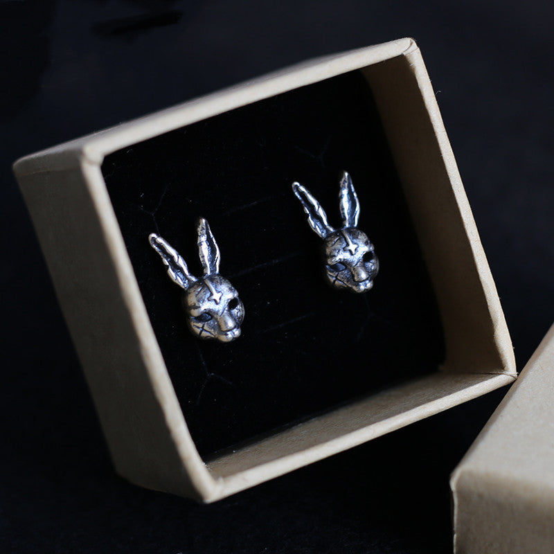 Red Rabbit Sterling Silver S925 Thai Silver Old Violent Scar Bunny Cross Hollow Earrings-Jewearrings