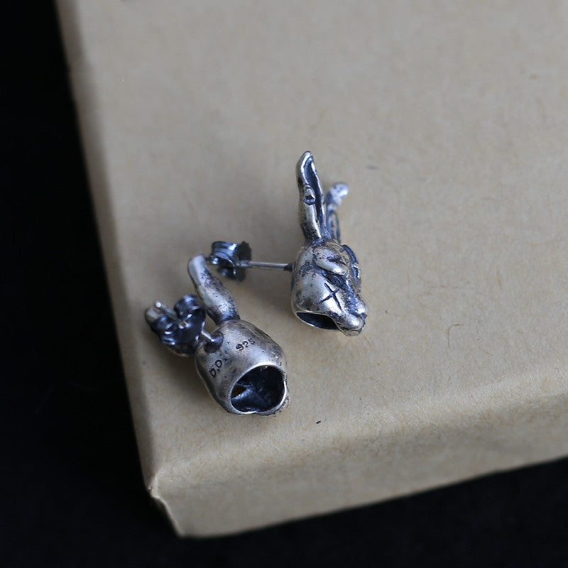 Red Rabbit Sterling Silver S925 Thai Silver Old Violent Scar Bunny Cross Hollow Earrings-Jewearrings