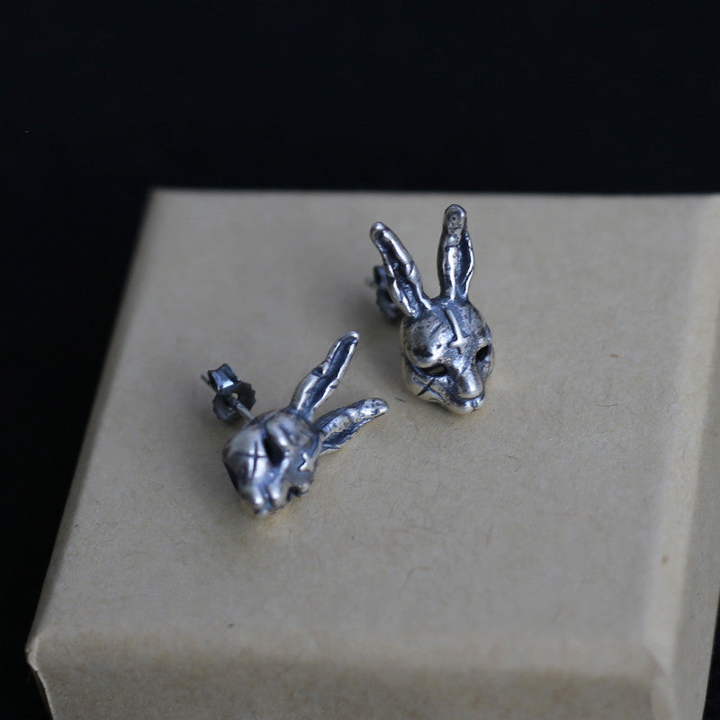 Red Rabbit Sterling Silver S925 Thai Silver Old Violent Scar Bunny Cross Hollow Earrings-Jewearrings