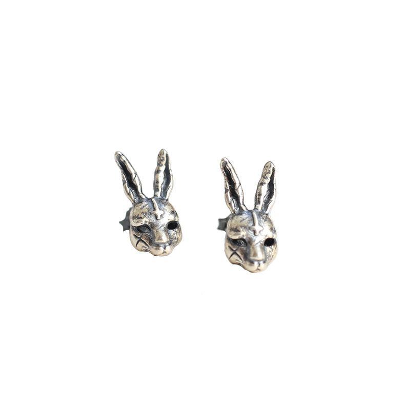 Red Rabbit Sterling Silver S925 Thai Silver Old Violent Scar Bunny Cross Hollow Earrings-Jewearrings