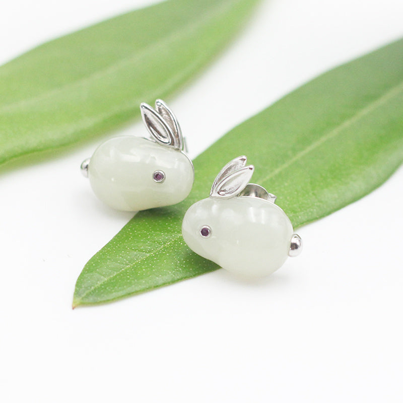 S925 Sterling Silver Inlaid Natural Hetian Jade Rabbit Earrings-Jewearrings