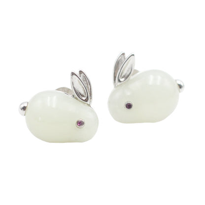 S925 Sterling Silver Inlaid Natural Hetian Jade Rabbit Earrings-Jewearrings