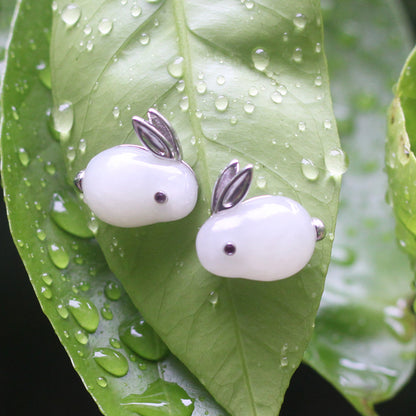 S925 Sterling Silver Inlaid Natural Hetian Jade Rabbit Earrings-Jewearrings