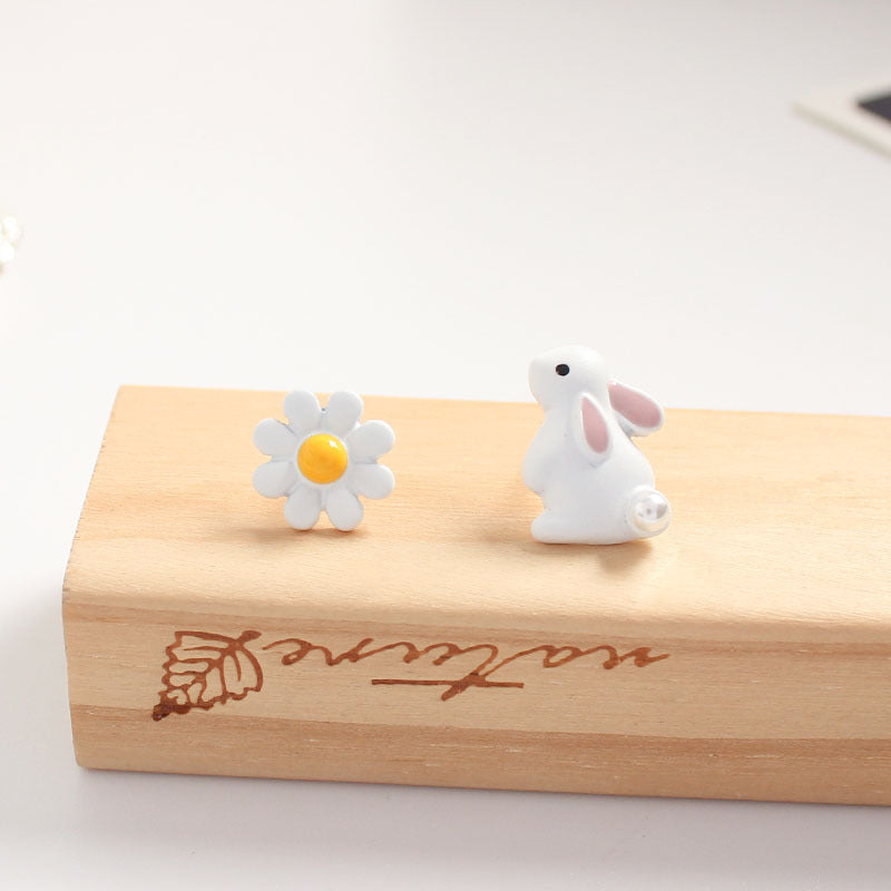 Pearl Bunny Earrings Daisy Stud Earrings Japanese Style Cartoon-Jewearrings