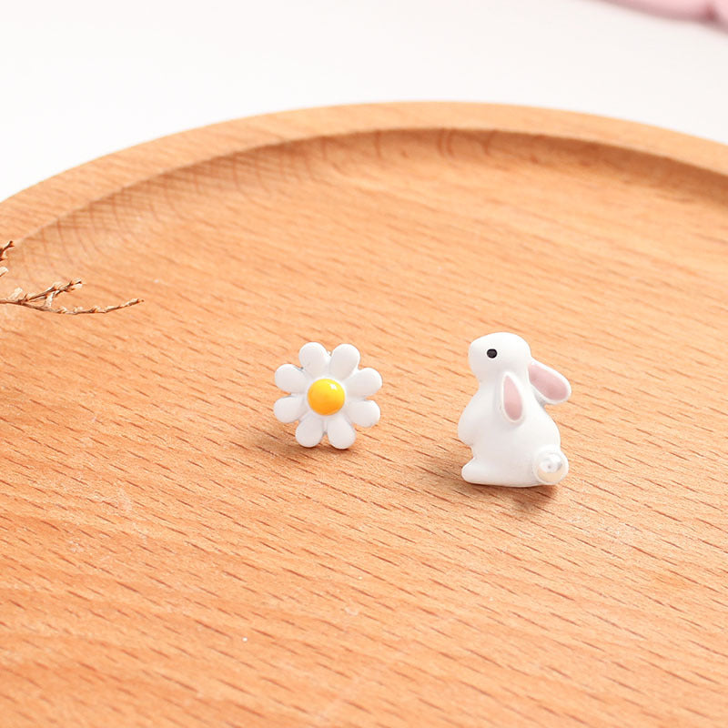 Pearl Bunny Earrings Daisy Stud Earrings Japanese Style Cartoon-Jewearrings