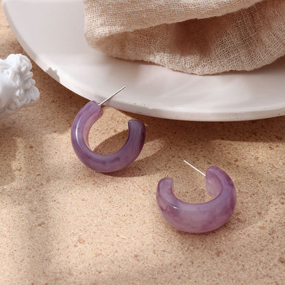 S925 Silver Needle French Retro Half Circle Earrings Temperament Simple Resin Girl Earrings-Jewearrings