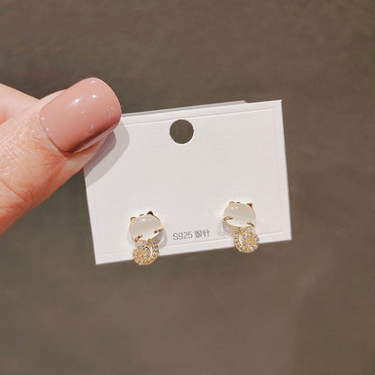 Japanese Cute Cat Earrings S925 Silver Needle Small Imitation Opal Niche Design Girl-Jewearrings