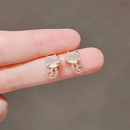 Japanese Cute Cat Earrings S925 Silver Needle Small Imitation Opal Niche Design Girl-Jewearrings