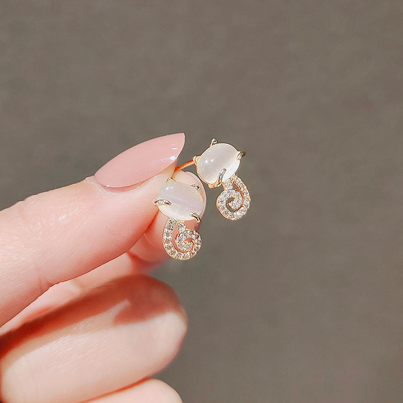 Japanese Cute Cat Earrings S925 Silver Needle Small Imitation Opal Niche Design Girl-Jewearrings