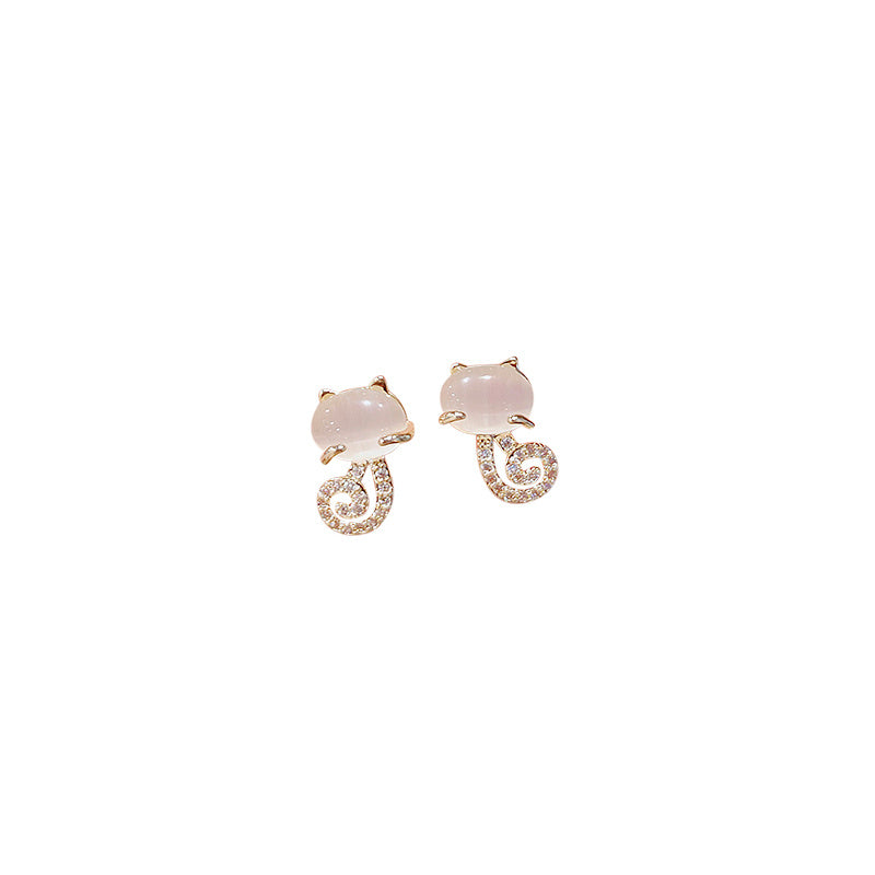 Japanese Cute Cat Earrings S925 Silver Needle Small Imitation Opal Niche Design Girl-Jewearrings