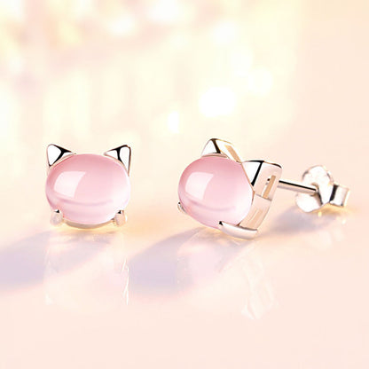 Girl Earrings Pure Silver Cute S925 Female Student Korean Cat Earrings Silver Children's Ear Jewelry Lover-Jewearrings