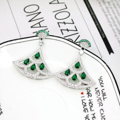 New Product Green Zircon Fan-shaped Earrings With Gold-plated Diamonds-Jewearrings