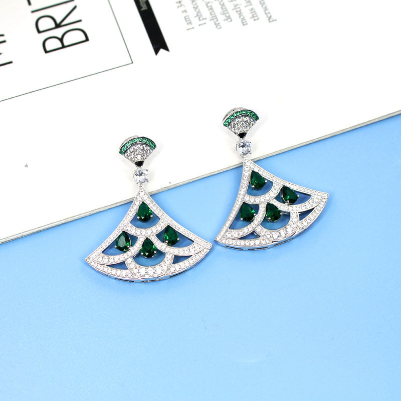 New Product Green Zircon Fan-shaped Earrings With Gold-plated Diamonds-Jewearrings