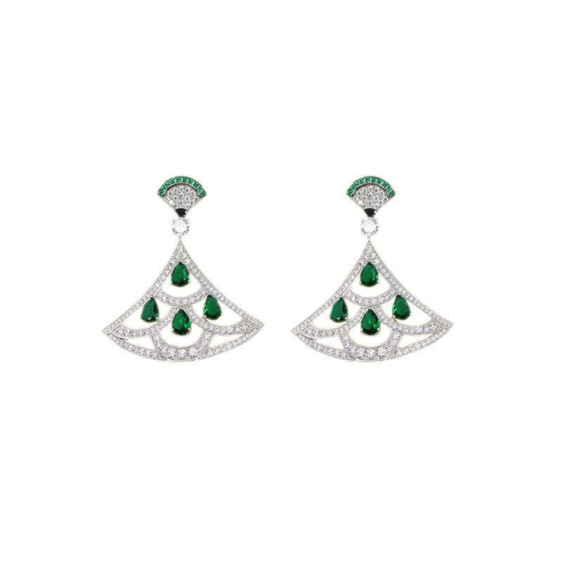 New Product Green Zircon Fan-shaped Earrings With Gold-plated Diamonds-Jewearrings