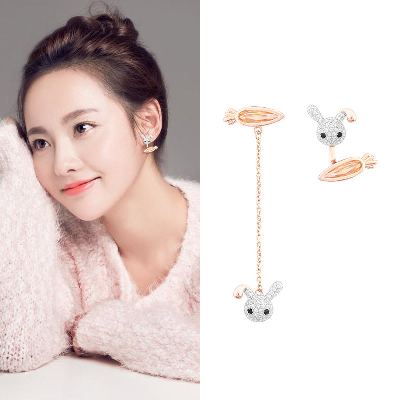 Korean Sterling Silver Earrings Female Cute Carrot Rabbit Asymmetric Earrings-Jewearrings