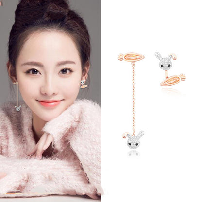 Korean Sterling Silver Earrings Female Cute Carrot Rabbit Asymmetric Earrings-Jewearrings