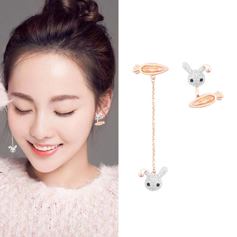 Korean Sterling Silver Earrings Female Cute Carrot Rabbit Asymmetric Earrings-Jewearrings